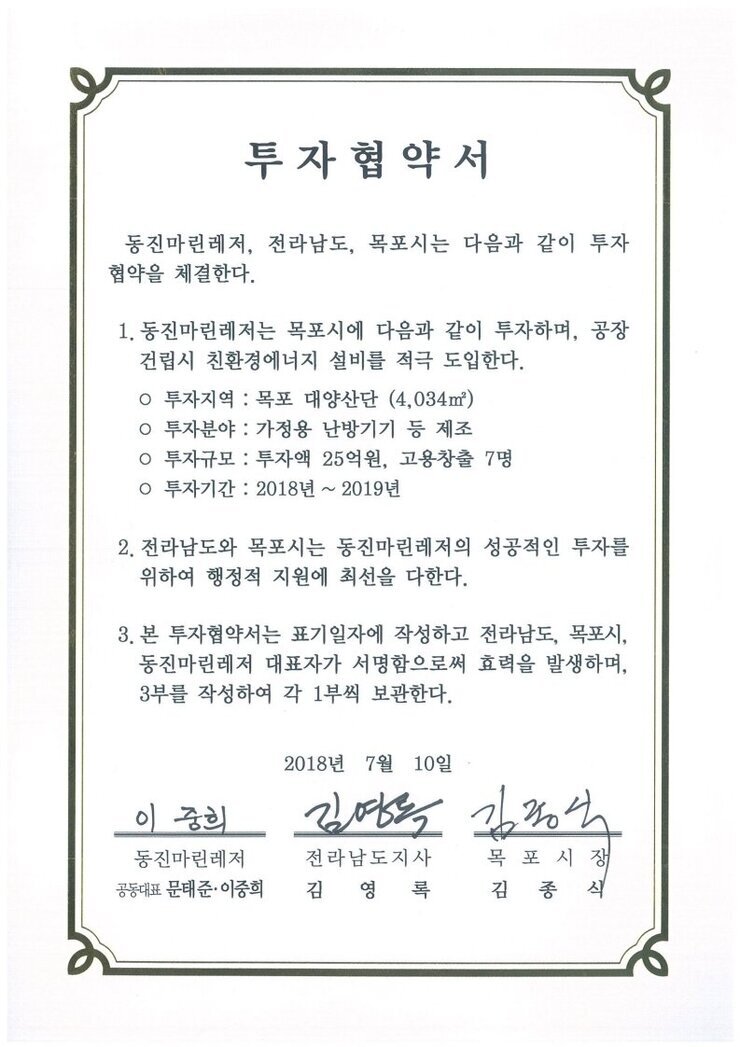 투자협약서
동진마린레저, 전라남도, 목포시는 다음과 같이 투자협약을 체결한다.
1. 동진마린레저는 목포시에 다음과 같이 투자하며, 공장건립시 친환경에너지 설비를 적극 도입한다.
o 투자지역 : 목포 대양산단 (4,034㎡)
o 투자분야 : 가정용 난방기기 등 제조
o 투자규모 : 투자액 25억원, 고용창출 7명
0 투자기간 : 2018년 ~ 2019년
2. 전라남도와 목포시는 동진마린레저의 성공적인 투자를 위하여 행정적 지원에 최선을 다한다.
3. 본 투자협약서는 표기일자에 작성하고 전라남도, 목포시, 동진마린레저 대표자가 서명함으로써 효력을 발생하며, 3부를 작성하여 각 1부씩 보관한다.
2018년 7월 10일
동진마린레저 공동대표 문태준,이중희
전라남도지사 김영록
목포시장 김종식