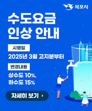 목포시 수도요금 인상 안내 시행일 : 2025년 3월 고지분부터    변경내용 : 상수도 10%, 하수도 15%  문의 : 목포시 수도과 자세히 보기