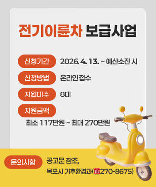 전기이륜차 보급사업 ❍ 신청기간 : 2026. 4. 13. ~ 예산소진 시 ❍ 신청방법 : 온라인 접수 ❍ 지원대수 : 8대 ❍ 지원금액 : 최소 117만원 ~ 최대 270만원 ❍ 문의사항 : 공고문 참조, 목포시 기후환경과(☎270-8675)