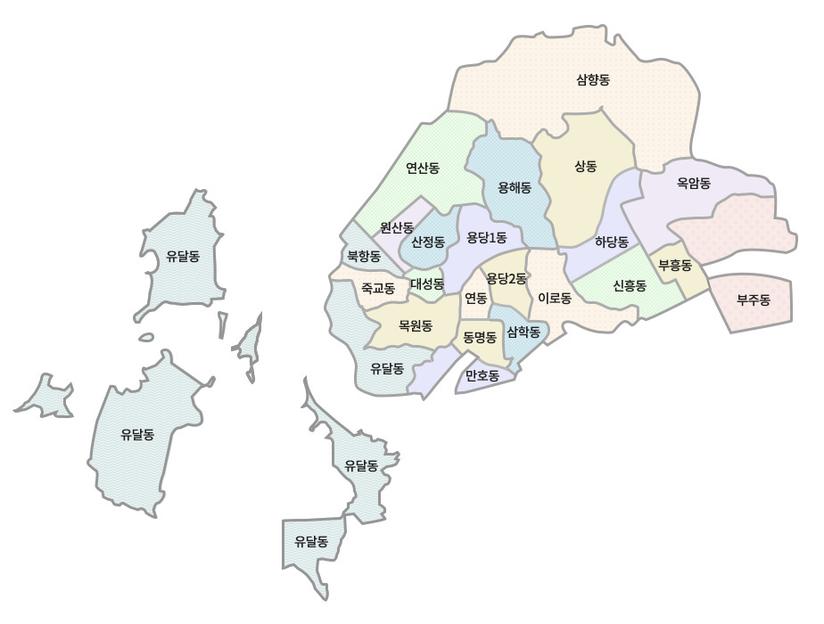 목포시 관내구역을 나타낸 지도로 북쪽에 삼향동 밑으로 연산동, 용해동, 상동, 옥암동이 있고 그밑으로 북항동, 원산동, 산정동, 용당1동, 하당동이 위치해 있다. 서쪽으로는 유달동이 위치해 있으며 유달동 동쪽방향으로 죽교동 목원동, 동명동, 만호동이 있으면 그옆으로 대성동, 연동, 삼학동, 용당2동, 이로동 이 있다, 맨 동쪽에는 신흥동 부흥동 부주동이 위치해 있다. 