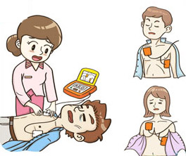 쓰러져 있는 환자몸에 자동심장충격기(AED)를 연결 하는 모습