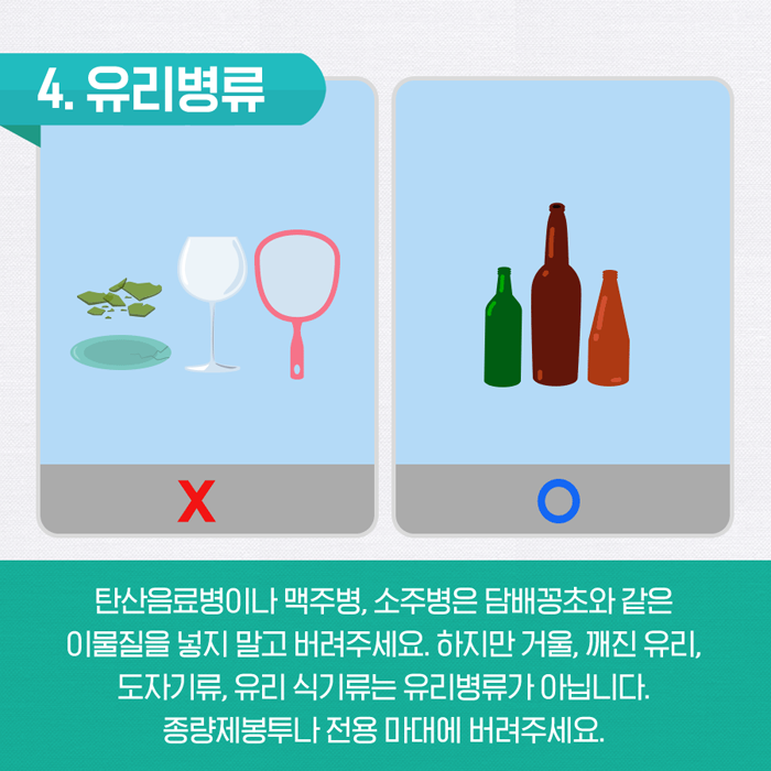 탄산음료병이나 맥주병, 소주병은 담배꽁초와 같은 이물질을 넣지 말고 버려주세요. 하지만 거울, 깨진 유리, 도자기류,유리 식기류는 유리병류가 아니기 때문에 종량제봉투나 전용 마대에 버려주세요.
