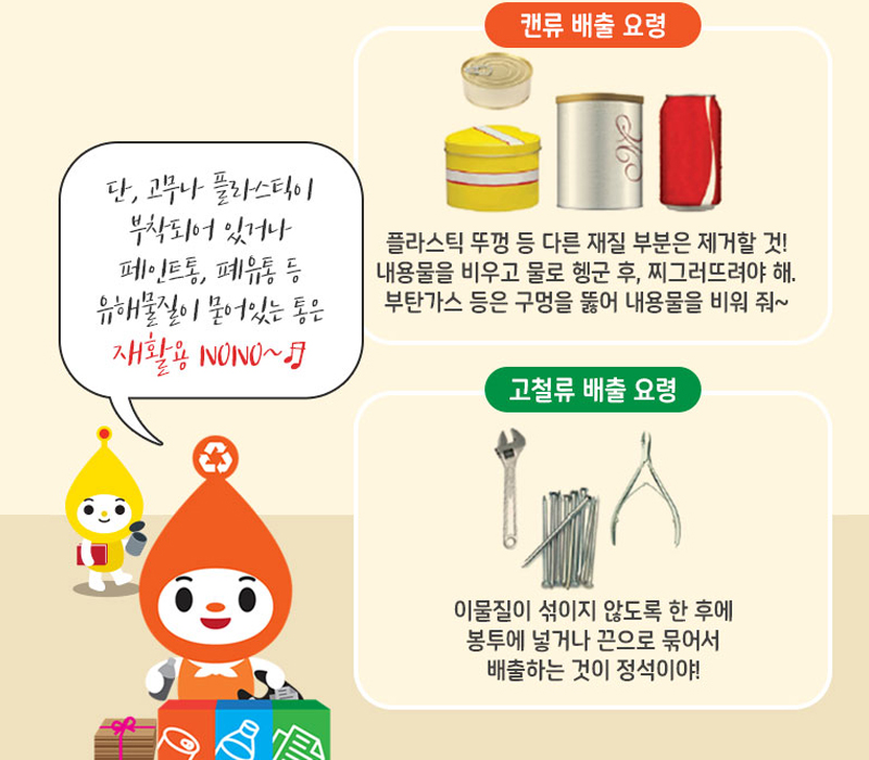 단, 고무나 플라스틱이 부탁되어 있거나 페인트통, 폐유통 등 유해물질이 묻어있는 통은 재활용 NONO~ 캔류 배출 요령 플라스틱 뚜껑 등 다른 재질 부분은 제거할 것!내용물을 비우고 물로 행군 후, 찌그러뜨려야해. 부탄가스 등은 구멍을 뚫어 내용물을 비워줘~ 고철류 배출 요령 이물질이 섞이지 않도록 한 후에 봉투에 넣거나 끈으로 묶어서 배출하는 것이 정석이야!
